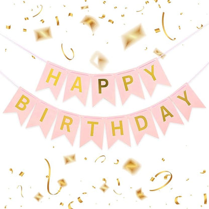 Pink Happy Birthday Banner - 16 ft Pre-Strung Gold & Pink Birthday Party by ZgimiPartyHome