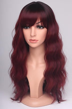24 Inch Burgundy Wavy Wig with Bangs, Heat Resistant Synthetic Hair for Women, Adjustable Cap with Snap Clips for Daily Use, Wedding, Cosplay