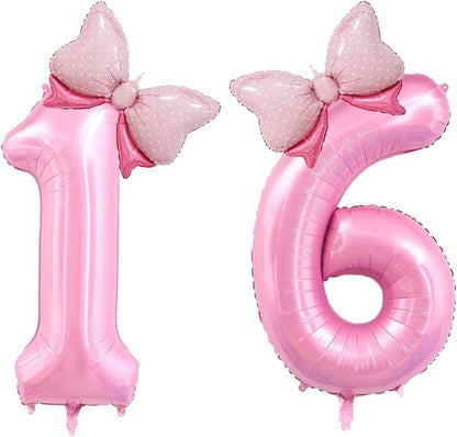 40 inch Number 16 Balloon with Bow Pink Happy Birthday Jumbo Number Balloons by OIBUTUR