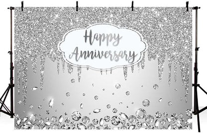 AIBIIN 7x5ft Happy Anniversary Backdrop Silver Dripping Glitter Crystals - Image 3