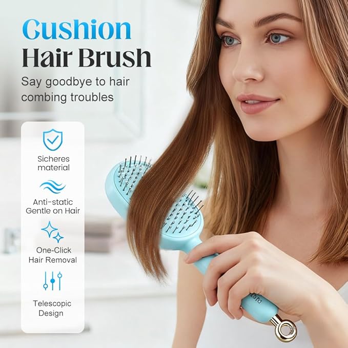 Retractable Cushion Massage Comb, 2026 New Self Cleaning Hair Brush, Anti Static Self Cleaning Hair Brush for Women Men (Blue#2Pcs)