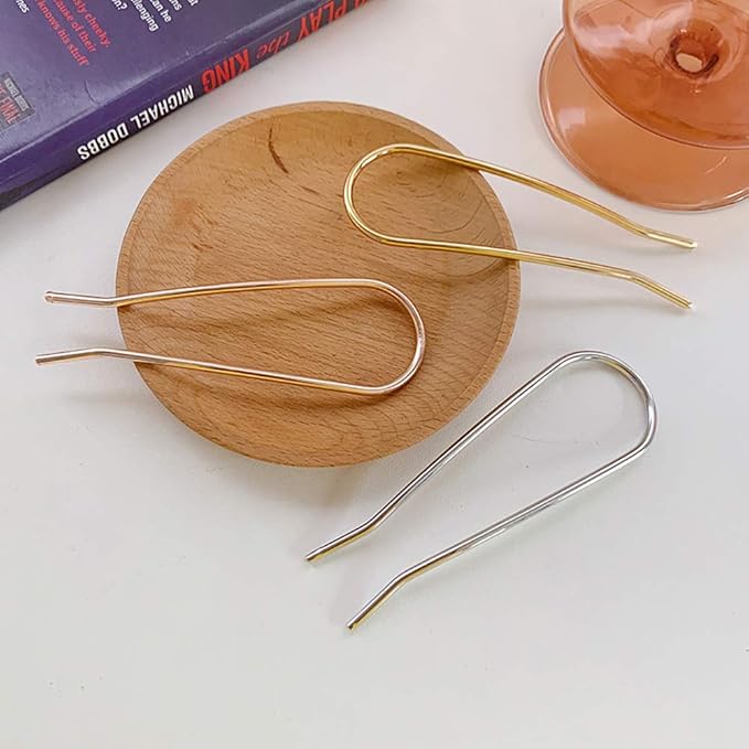 Metal Hair Fork 4.6 inch Simple U Shape Updo Hair Sticks Alloy Gold-plated 2 Prong Bun Hair Pins Clips Grips for Women Thick Hair Styling Tool Accessories, 3 Pack