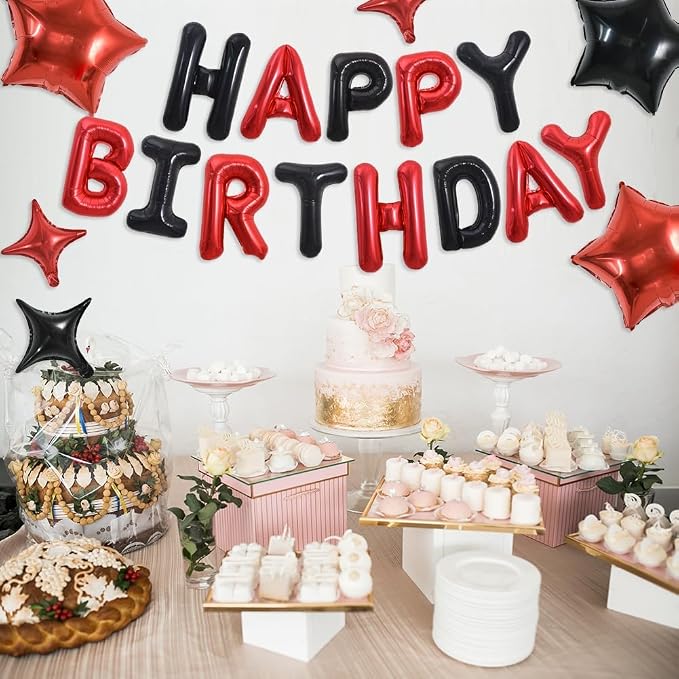 TONIFUL 35PCS 16 Inch Black Red Happy Birthday Balloon Black Red Happy Birthday - Image 5