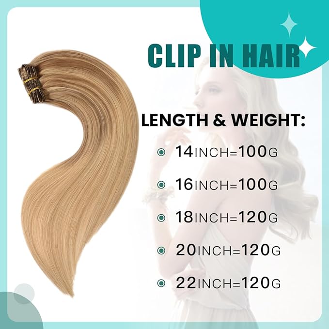 SURNEL Human Hair Clip in Extensions Golden Brown to Honey Blonde Clip in Hair Extensions 18inch 6pcs 120g (#10/27/27,18'')