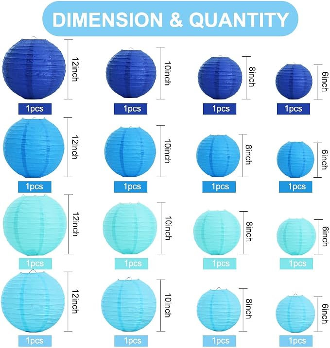 BEISHIDA Blue Mix Paper Lanterns 16Pcs 6/8/10/12 Inch Round Chinese Lamp | - Image 2
