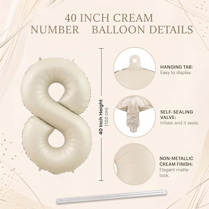 Cream Number 8 Balloon 40 Inch, Foil Numeral - Image 4