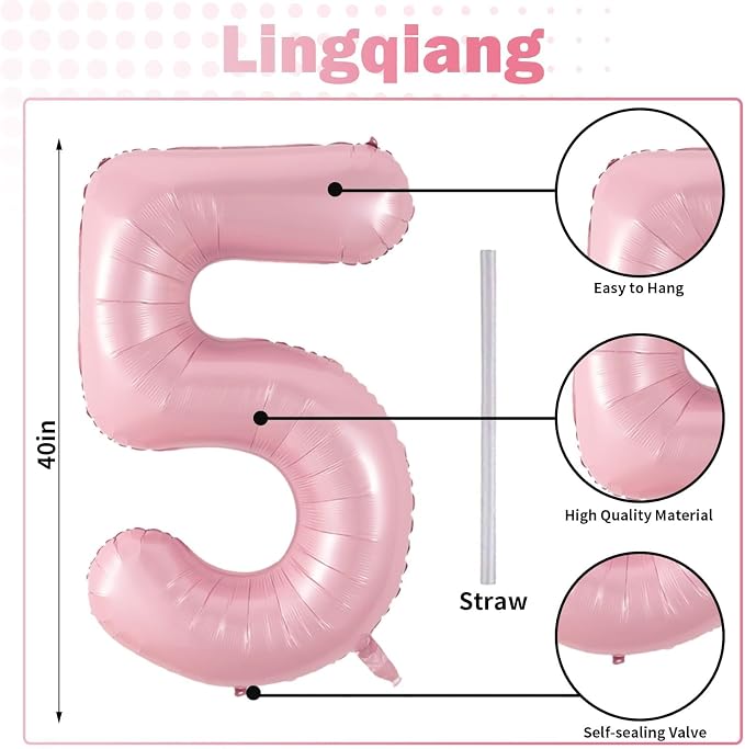 Light Pink Balloon Number 5, 40 Inch Large Self Inflating Foil Number Balloons - Image 2