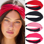 Wide Knotted Headbands, Non-Slip Hair Accessories for Women, 4-Pack (Black Red Hot Pink Blush)