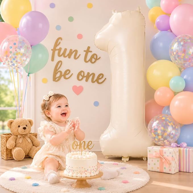 40 Inch Beige Number 1 Balloon for 1st Birthday Decoration, Large Self - Image 3