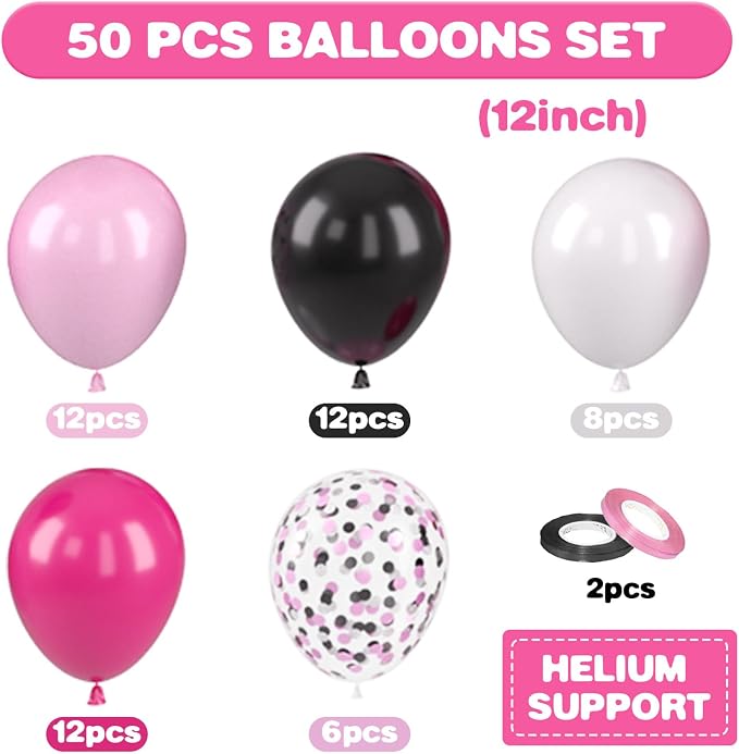 Pink and Black Balloons, 12 Inch Pink Black Balloons, Hot Pink White Pastel - Image 2