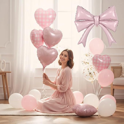 Pastel Pink Bow Balloons & Checkered Heart Foil Balloon Set, Coquette Birthday - Image 6