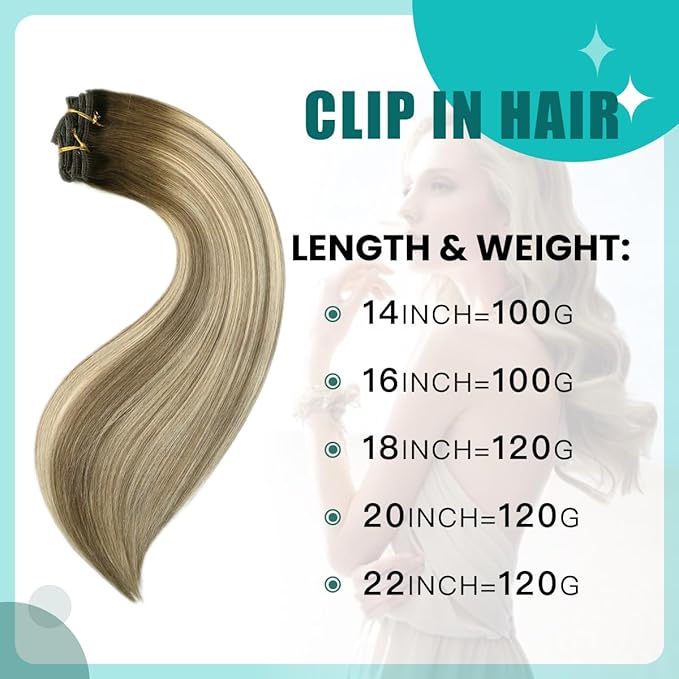 SURNEL Clip in Extensions Human Hair Balayage Walnut Brown to Ash Brown and Golden Blonde Clip in Hair Extensions 20inch 120g 6pcs(#3/8/22,20'')