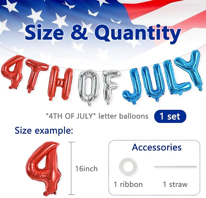 TONIFUL 16 Inch 4th of July Balloons Banner Fourth of July Letter Foil Balloons - Image 2
