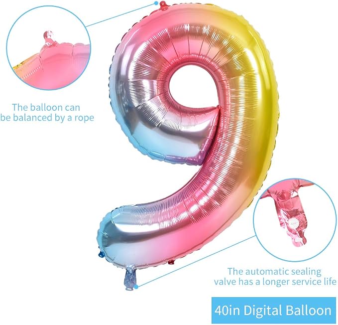 TONIFUL 40 Inch Rainbow Large Numbers Balloons 0-9, Number 9 Digital 9 Helium - Image 2