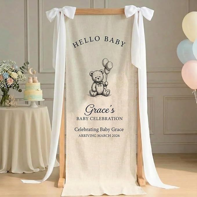 Personalized Baby Shower Fabric Welcome Sign Bear Hello Baby Linen Backdrop | by Unknown