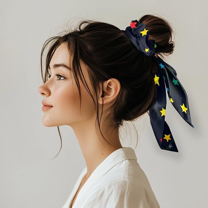 Colorful Star Sun Satin Hair Ties for Thick Curly Hair Black Elastic Hair Ties Knotted Ribbon Lightweight Scarf Scrunchies with Knot Pack of 2
