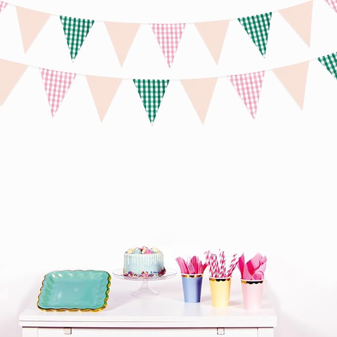 32Ft Pink Green Gingham Camp Bride Banner Green Pink Plaid Checkered Fabric - Image 6