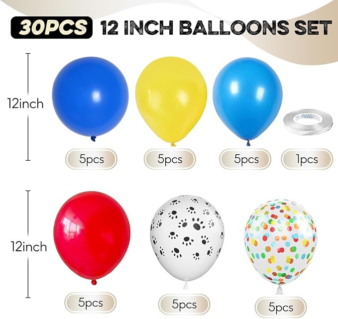 Dog Paw Balloons, 12 Inch Carnival Circus Balloons Red Yellow Blue and White - Image 2
