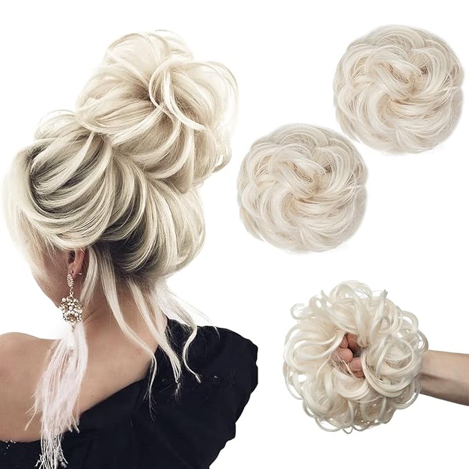 SARLA 2PCS Messy Hair Bun Hair Pieces Wavy Curly Synthetic Updo Fake Scrunchies Ponytail Extension for Women Platinum Blonde