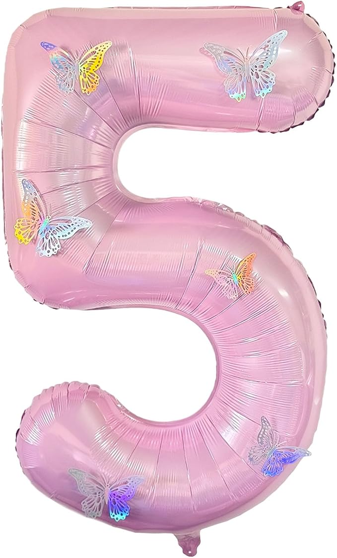 40 Inch Number Balloon Pink Large Mylar Foil Pink Number Balloons and Butterfly by GLASNES