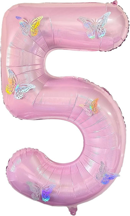 40 Inch Number Balloon Pink Large Mylar Foil Pink Number Balloons and Butterfly by GLASNES