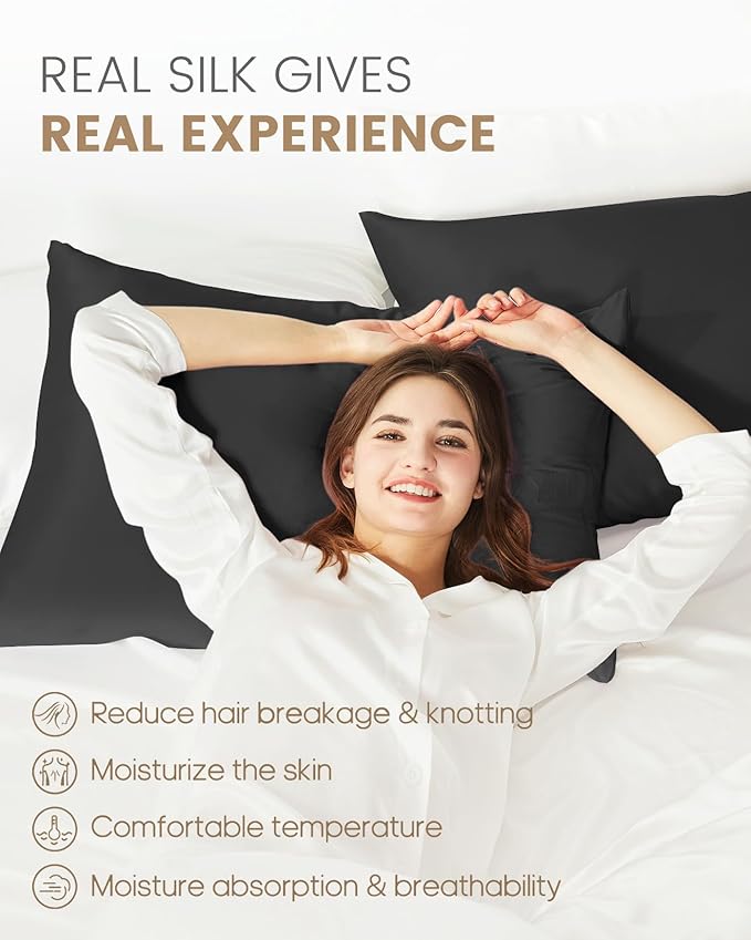THXSILK 100% Pure Mulberry Silk Pillowcase for Hair and Skin, Grade 6A+ Silk Dual Sides, Silk Bed Pillow Case with Hidden Zipper, 1pc, Standard Size(20"x26"), Black