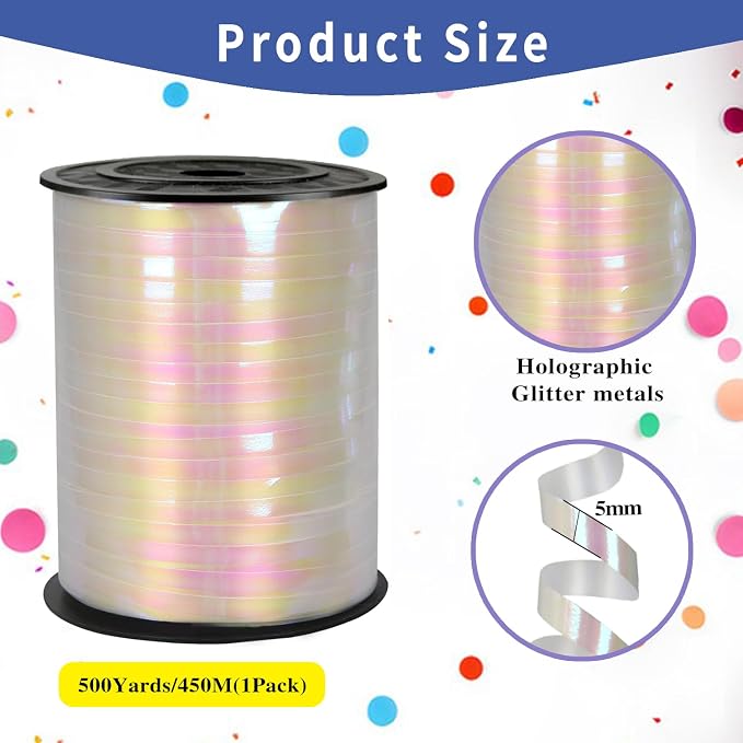 500 Yard Iridescent White PVC Curling Ribbon, 5mm Width, Art Deco Style - Image 2