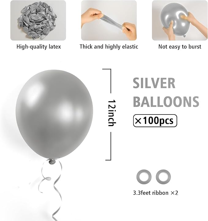 100pcs 12inch Metallic Silver Balloons - Image 2