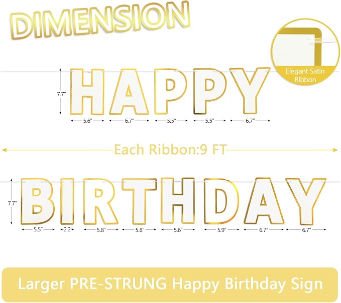 Pre-Strung Happy Birthday Banner White Party Decorations | adjustable cord - Image 2