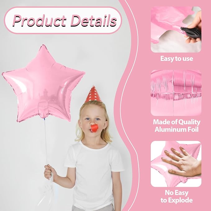 Pink Blue White Star Foil Balloons, 18 Inch Metallic Light Pink Blue Stars - Image 3