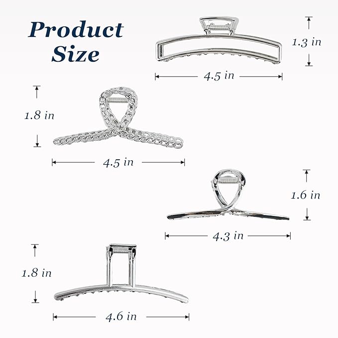 4 Pcs Large Metal Hair Claw Clips for Women, Non-slip Claw Clips with Strong Hold Jaw, Fashion Accessories for Thin Thick Long Curly Hair (Silver2)