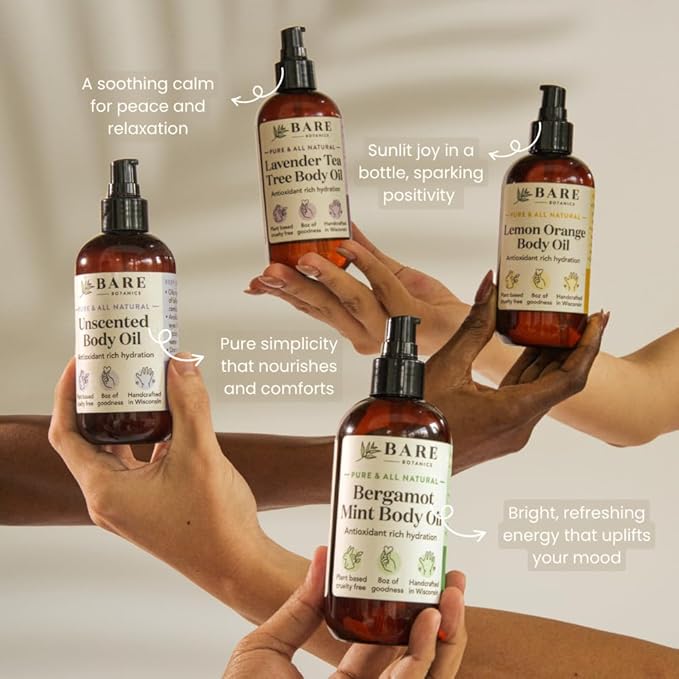 BARE BOTANICS 8 oz Moisturizing Mint Body Oil - 100% Pure & Natural for Skin & Nails - Perfect for Moisturization - Vegan, Cruelty Free & Naturally Scented Hair Oil