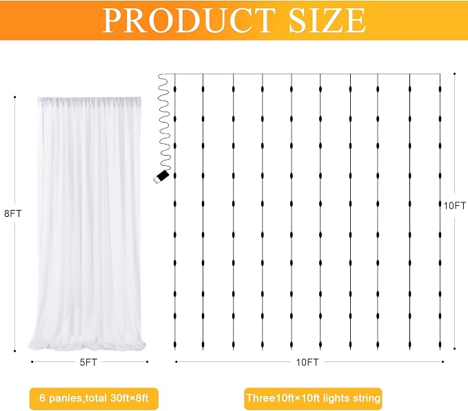 Tulle Backdrop Curtains with Lights Sheer White Curtain Backdrop 30x8ft | Tulle - Image 2