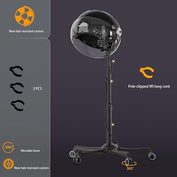 Professional Standing Hair Dryer - 1875W Floor Standing Hooded Dryer Hair Bonnet with Ionic Generator for Professional Salon Station Spa Home Use Hair Drying Treatment Adds Shine Volume (Gray)
