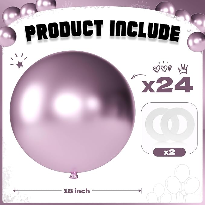 Metallic Pink Balloons 18 Inch 24 Pack Matte Helium Latex Round Balloons - Image 2