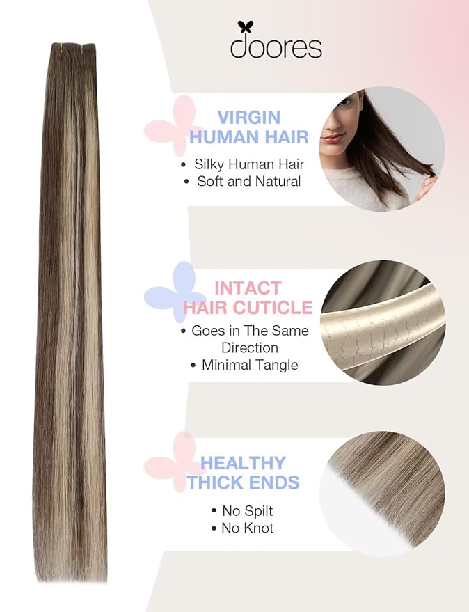 DOORES Invisi Edge Human Hair Extensions Tape in, Chocolate Brown to Honey Blonde 10pcs Injection Tapeins, 25g 16 Inch, Natural Injected Tape in Virgin Human Hair