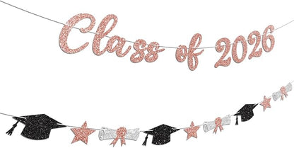 Class of 2026 Banner Rose Gold Graduation Decorations Prestrung 2026 Graduation - Image 2