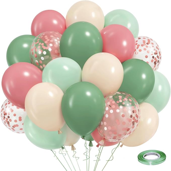 Green and Pink Balloons, Sand White, Rose Gold, 12 Inch | Sage Green Latex by Unknown