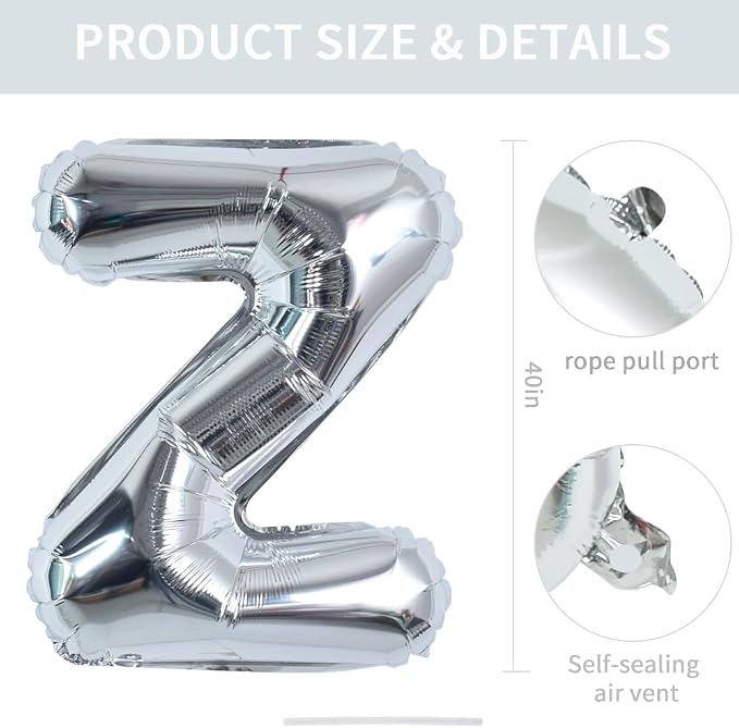 TONIFUL 40 Inch Large Silver Letter Z Foil Balloons Alphabet Balloons | Giant - Image 2