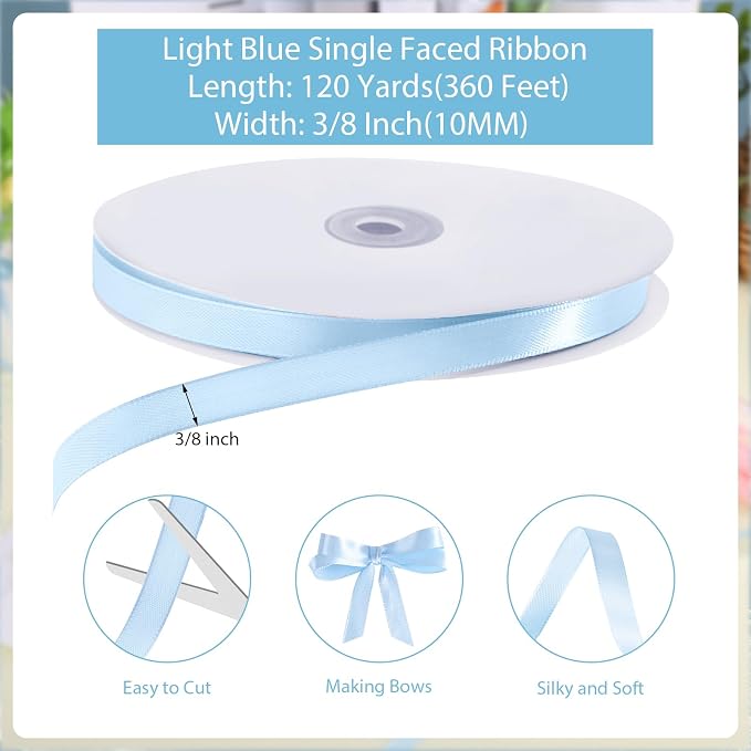 woric 120 Yards Blue Satin Ribbon 3/8 Inch Light Baby Blue Thin Ribbon | - Image 2