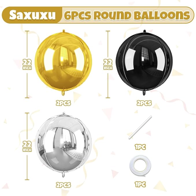 Black and Gold Round Foil Balloons, 22 Inch 4D Sphere Metallic Balloons - Image 2