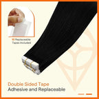 Full Shine Black Virgin Tape in Hair Extensions Human Hair Color 1 Jet Black 16 Inch Tape in Double Sided Seamless Hair Extension Invisible Skin Weft Hair 20Pcs 50Gram Add Volume for Thinning Hair