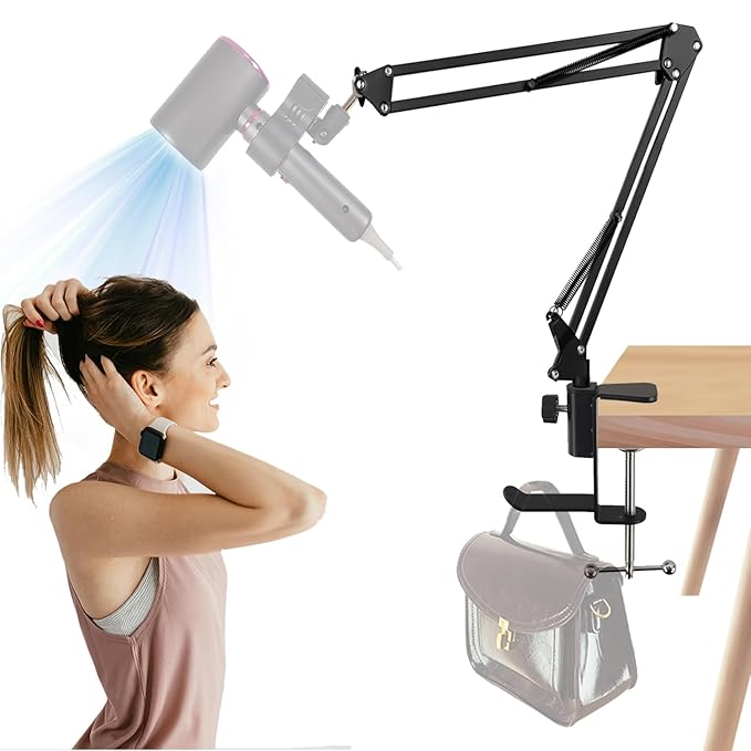 Blow Dryer Stand Hands Free 360 Rotate Hands Free Hair Dryer Holder，Adjustable Hair Dryer Stand Hands Free, Hands Free Blow Dryer Holder Stands Free Clip Suitable for 99%