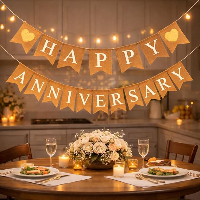 "Happy Anniversary" Burlap Banner – Rustic “Happy” and “Anniversary” across by ShimmerAnnaShine
