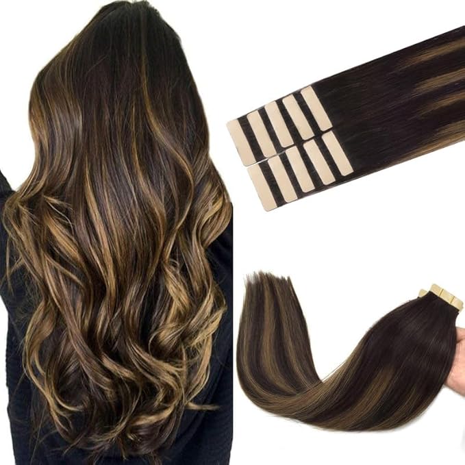 GOO GOO Tape in Hair Extensions Human Hair, 2/6/2 Balayage Dark Brown to Chestnut Brown, 22inch 30g 10pcs, Skin Weft Seamless Invisible, Silky Straight with Thick Ends, Remy Human Hair