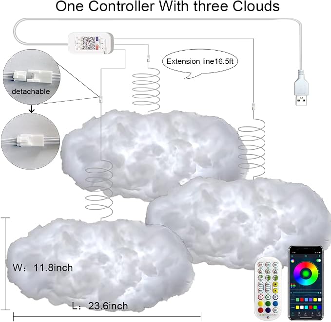 3PCS 3D Big Cloud Lightning Light Kit Music Sync Multicolor Lightning Changing - Image 2