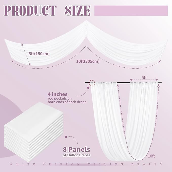 8 Panels White Ceiling Drapes for Wedding 5ftx10ft Arch Draping Fabric Sheer - Image 2