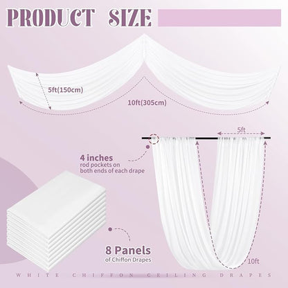 8 Panels White Ceiling Drapes for Wedding 5ftx10ft Arch Draping Fabric Sheer - Image 2