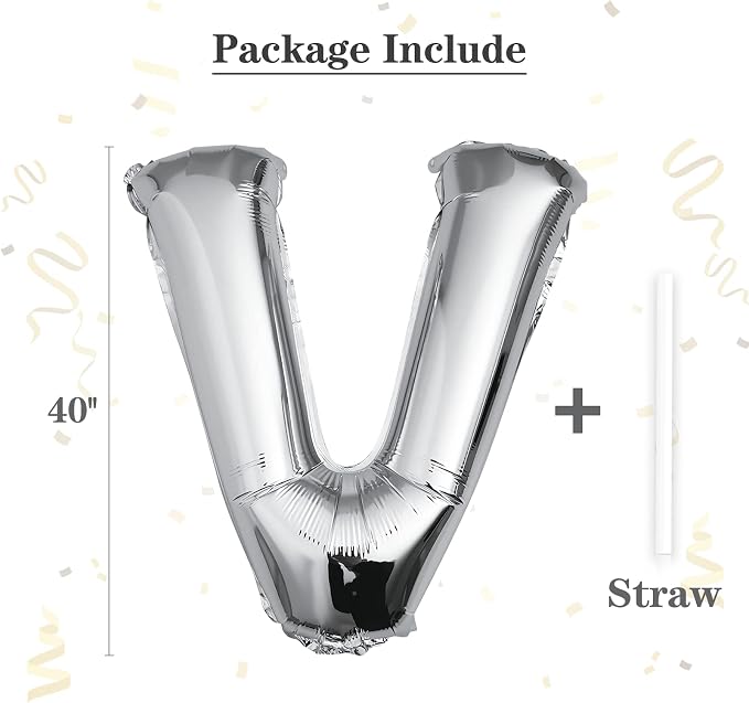 40 inch Silver Letter V Balloon, Big Size Alphabet Foil Mylar Helium Balloons - Image 2