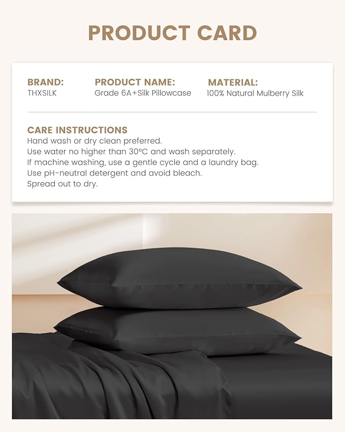THXSILK 100% Pure Mulberry Silk Pillowcase for Hair and Skin, Grade 6A+ Silk Dual Sides, Silk Bed Pillow Case with Hidden Zipper, 1pc, Standard Size(20"x26"), Black